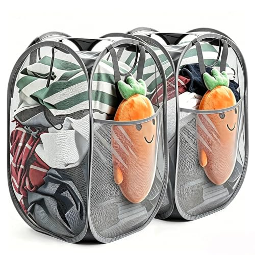 HOUSE AGAIN 2 Pcs Pop Up Laundry Hamper, Strong Mesh Laundry Baskets Collapsible, Hamper with Handles and Side Pocket, Portable Foldable Dirty Clothes for Dorm, Laundry room and Travel Storage, Grey - color: Gray, size: 2-Pack