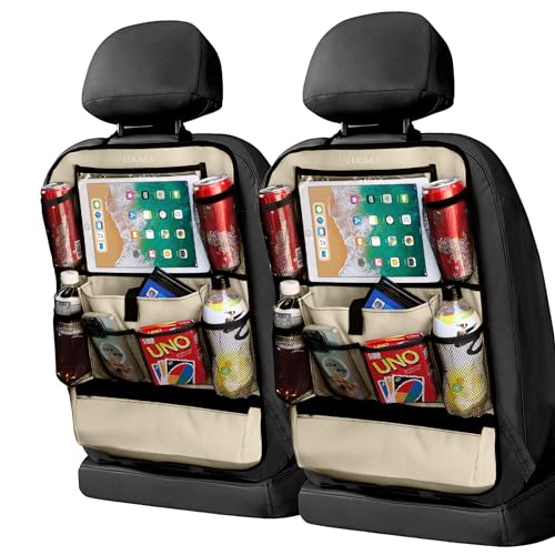 LUCMO Car Backseat Organizer with Touch Screen Tablet Holder, Beige | 2 Pcs,9 Storage Pockets,Clear Tablet Holder,Protectors Kick Mats,Travel Accessories,Seat Cover,Road Trip Essentials - color: Beige, size: 2 Pack