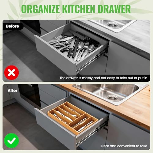 Bamboo Silverware Organizer, Bamboo Kitchen Drawer Cutlery Organizer, Utensil Holder, Flatware Organizer Tray (15.8"x9.5"x1.6") - size: Medium