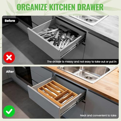 Bamboo Silverware Organizer, Bamboo Kitchen Drawer Cutlery Organizer, Utensil Holder, Flatware Organizer Tray (15.8"x9.5"x1.6") - size: Medium