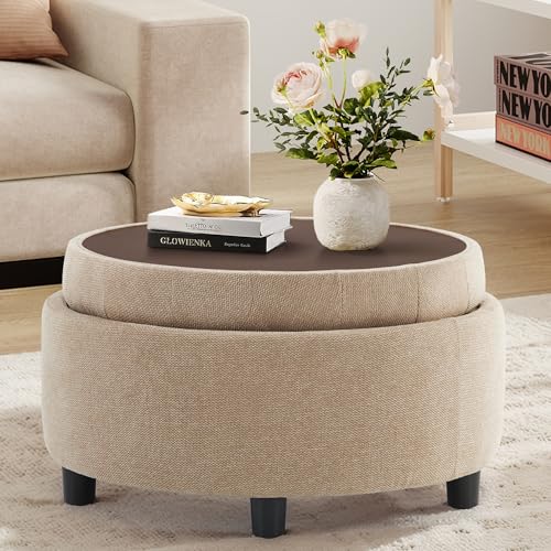 COLAMY Fabric Round Storage Ottoman with Reversible Tray Lid – Multi-Functional Footrest, Hidden Storage, Sturdy & Stylish Small Coffee Table for Living Room, Bedroom, or Entryway(Camel) - color: Camel