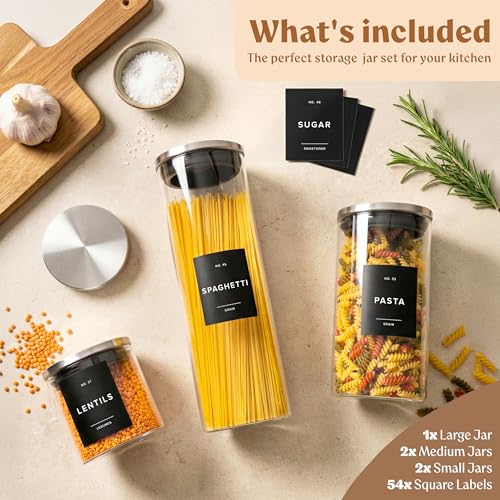 EDELHAUS Glass Storage Containers with Stainless Steel Lids [Extra Thick Glas] with 54 Labels - Canister For Pantry Noodles Flour Cereal Rice Sugar Tea Coffee Beans - Round Set of 5x - color: 5 Pack - Silver Lids
