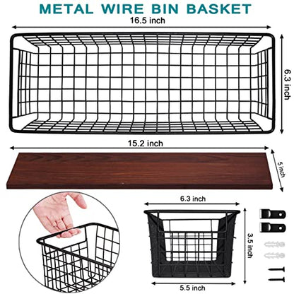 SheeChung 2 Set [Extra Large] Portable Metal Farmhouse Wall Decor Storage Organizer Basket Bin with Handles & Floating Shelves for Hanging in Bathroom, Kitchen, Office-Wall Mount Hooks, Black