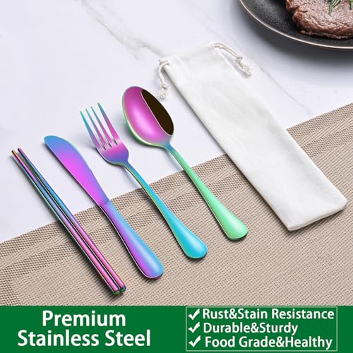 Rainbow Working Lunch Silveware Set,Reusable Travel Utensils Set With Case Includes Stainless Steel Chopsticks Knife Spoon And Fork,Camping Picnic Essentials - color: Rainbow