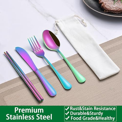 Rainbow Working Lunch Silveware Set,Reusable Travel Utensils Set With Case Includes Stainless Steel Chopsticks Knife Spoon And Fork,Camping Picnic Essentials - color: Rainbow