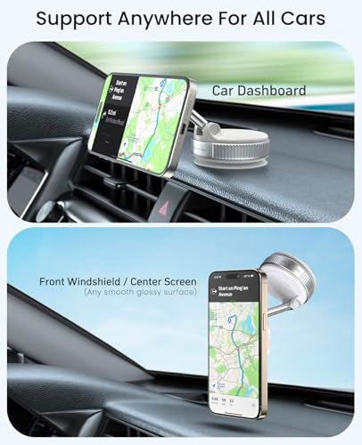 Jononser Magnetic Car Phone Mount, Compact Foldable Phone Holder with Strong Nano Adhesive & N52 Magnet, 360° Adjustable Dashboard/Windshield Mount for iPhone 17/16/15/14/13/12 & MagSafe Devices - color: White