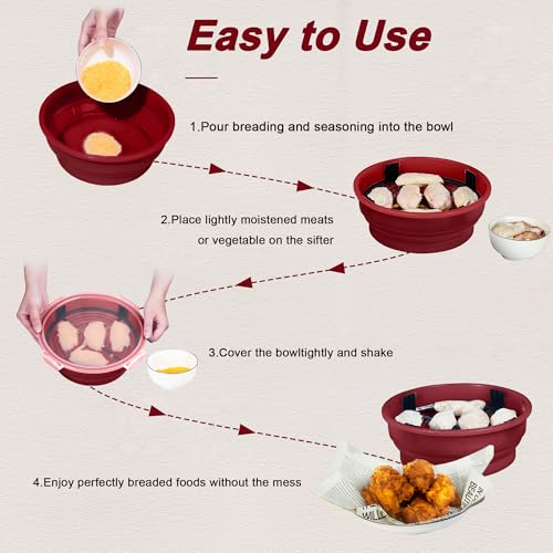 FJNATINH Collapsible Batter Bowl - Mess Free Better Breader Shaker Bowl with Lid Breading Shaker Container - Great for Fried Fish, Fried Chicken, Onion Rings, Wings & More,No Leak,Easy to Store,Red - color: Red