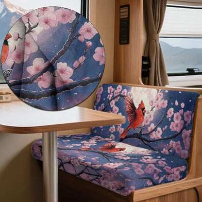 Cardinal Cherry Blossom Pattern 2 Pieces RV Dinette Cushion Covers,Washable Camper Cushion Slipcovers Flannel Sofa Cushions Slipcovers for Travel Trailer Couch for Dogs and Kids - color: Cardinal Cherry Blossom