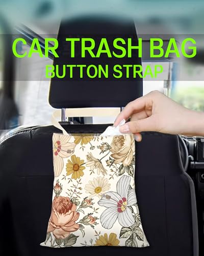 Car Trash Can, Durable Hanging Car Trash Garbage Bag, Cute Automotive Garbage Cans Organizer, Retro White Flowers - color: Retro White Flowers