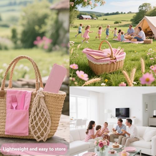 Wheat Straw Utensils Set with Case, Reusable Travel Cutlery Knife Fork Spoon, BPA-Free Portable Flatware for Camping, Hiking & Picnic (Pink) - color: Pink