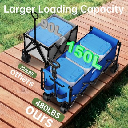 Extra Long Collapsible Wagon Cart, 480LBS Heavy Duty Utility Wagons with All-Terrain Wheels, Foldable Grocery Carts for Gardening, Shopping, Beach, Camping, Royal Blue - color: Royal Blue
