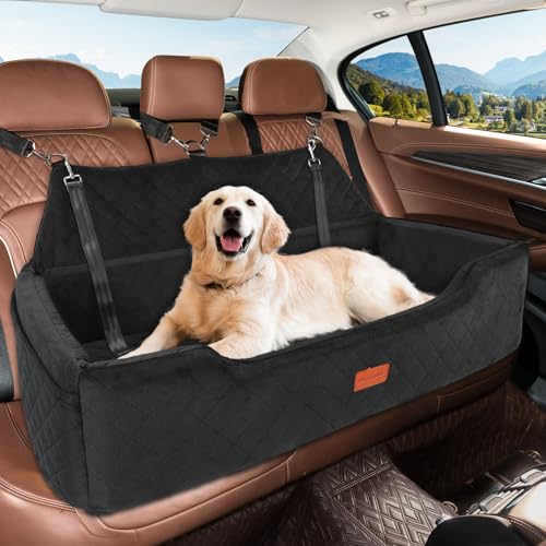 HEGGCOOE Large Dog Car Seat Under 100 lbs, Washable Dog Car Bed for 2 Medium Dogs, Detachable Pet Booster Seat with Storage Pocket and Seat Belt for Back Seat Dog Travel Bed - color: Black