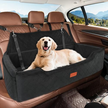 HEGGCOOE Large Dog Car Seat Under 100 lbs, Washable Dog Car Bed for 2 Medium Dogs, Detachable Pet Booster Seat with Storage Pocket and Seat Belt for Back Seat Dog Travel Bed - color: Black