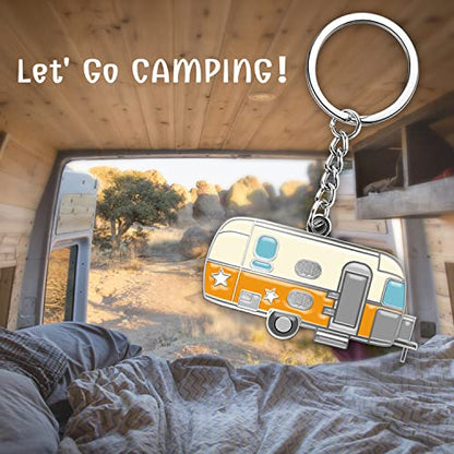 Camper Keychain Happy RV Keyring RV Keychain Couples Keychain Set Gifts for Men Women Camping Accessories 2 Pack - color: Orange&coffee Brown