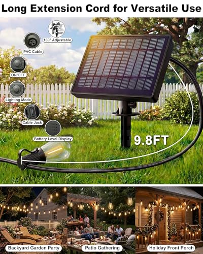 108FT (48+2) Outdoor String Lights Solar Powered, ST38 Dimmable Patio Lights with Remote & USB Charging, Dusk to Dawn, 2700K LED String Solar Light for Backyard, Garden, Porch, Wedding Decor - size: 108FT (48Bulbs)