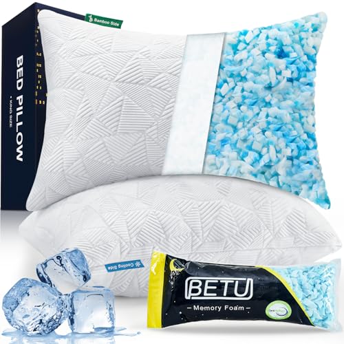 BETU Cooling Pillows Standard Size Set of 2, Shredded Memory Foam Standard Pillows Set of 2 for Hot Sleepers, Adjustable Firm Soft Support Pillow for Side, Back, Stomach Sleeping, White - color: White, size: Standard Size Pack of 2