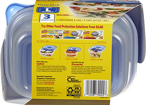 Glad Food Storage Containers - Deep Dish Container - 64 Ounce - 3 Containers - size: 3 Count (Pack of 1), style: Rectangle