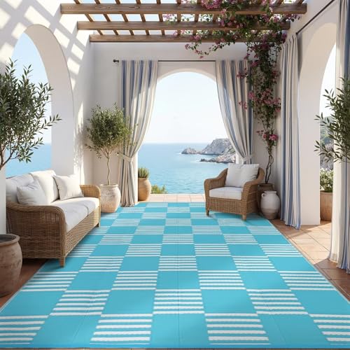 Garvee Waterproof Outdoor Rug 8x10, Checkered Foldable Plastic Straw Patio Camping Rug, Outdoor RV Carpet for Deck Camper Porch Balcony Backyard Picnic Beach Blue and White - color: Blue & White, size: 8' x 10'