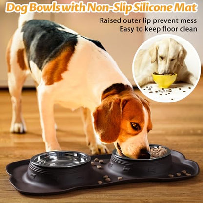 Hubulk Pet Dog Bowls 2 Stainless Steel Dog Bowl with No Spill Non-Skid Silicone Mat + Pet Food Scoop Water and Food Feeder Bowls for Feeding Small Medium Large Dogs Cats Puppies (Small, Chocolate) - color: Chocolate, size: Small