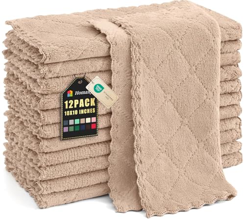 Homaxy 12 Pack Kitchen Dish Cloths (10 x 10 Inches, Tan), Super Soft and Absorbent Coral Velvet Dish Towels, Nonstick Oil Fast Drying Microfiber Cleaning Cloth, No Lint Household Dishcloths - color: Tan, size: 10x10 Inch-12 Pack