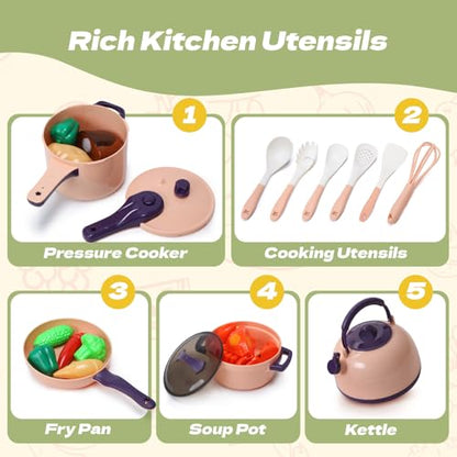 CUTE STONE 51-Piece Mini Play Kitchen Accessories for Kids, Pretend Cooking Playset with Pots, Pans, Utensils, Cutting Fun Fruits & Veggies, Learning Gift for Toddlers, Girls & Boys - style: Purple Cooking Set