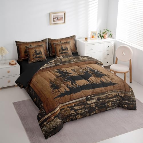 Feelyou Deer Comforter Set with Sheets Twin Size 7 piece Kids Rustic Deer Hunting Bedding Set Cabin Lodge Deer Bed in a Bag Farmhouse Nature Wildlife Antlers Brown Bed Set - color: Brown, size: Twin