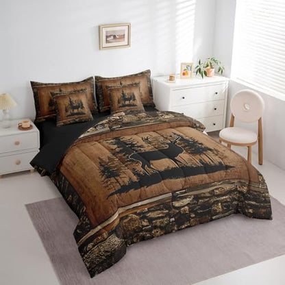 Feelyou Deer Comforter Set with Sheets Twin Size 7 piece Kids Rustic Deer Hunting Bedding Set Cabin Lodge Deer Bed in a Bag Farmhouse Nature Wildlife Antlers Brown Bed Set - color: Brown, size: Twin