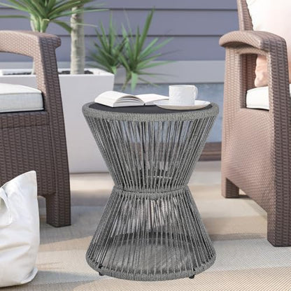 SUNNYPARK Outdoor Side Table 20'' H Small End Tables Woven Rope Weather Resistant with Glass Top Round Coffee Table for Indoor Balcony Patio Poolside (Gray) - color: Grey