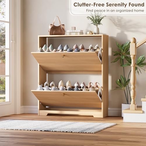 Nicetree Shoe Storage Cabinet with 2 Flip Drawers, Slim Shoe Cabinet, Hidden Shoe Rack Cabinet, Shoe Storage Cabinet for Entryway, Hallway, Foyer, Natural Oak - color: Natural Oak, style: 2-Drawers