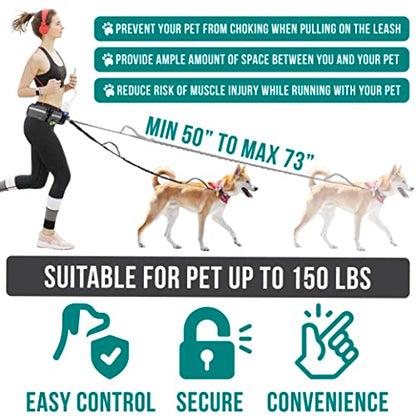 PetAmi Hands Free Dog Leash, Dog Running Leash Belt Bag for Walking, Jogging, Dog Waist Double Zipper Pouch with Poop Bag Dispenser, Dual Padded Handles Reflective Bungee Leash, Double (Charcoal Grey) - color: Charcoal Grey, size: 2 Leashes