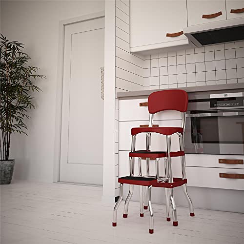 COSCO Stylaire Retro Chair + 2-Step Step Stool with Pull-Out Steps, 7 Ft. 11in Max Reach, 200 lb Weight Capacity, Steel and Vinyl (Red, one pack) - color: Red