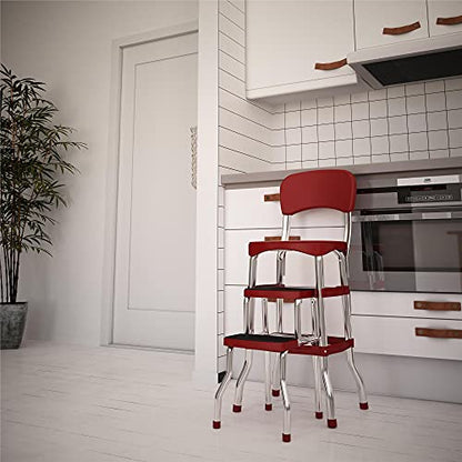 COSCO Stylaire Retro Chair + 2-Step Step Stool with Pull-Out Steps, 7 Ft. 11in Max Reach, 200 lb Weight Capacity, Steel and Vinyl (Red, one pack) - color: Red