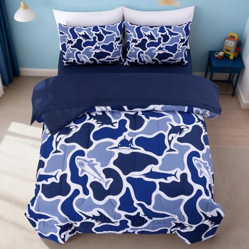 Meeting Story Twin Camo Bedding Set 5 Piece for Boys, Ocean Camo Comforter Set with Shark & Whale, Soft Lightweight All Seasons Kids Bedding Set(Navy,Twin)