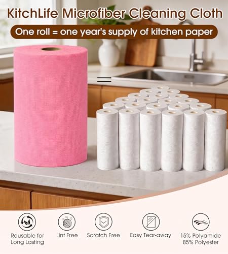 KitchLife Microfiber Cleaning Cloth Roll, 100 Pack - Tear-Away Microfiber Paper Towels, Lint-Free, Reusable, Washable for Kitchen, Car, Dishes, and Sensitive Surfaces (Pink) - color: Pink, size: 100 Pack