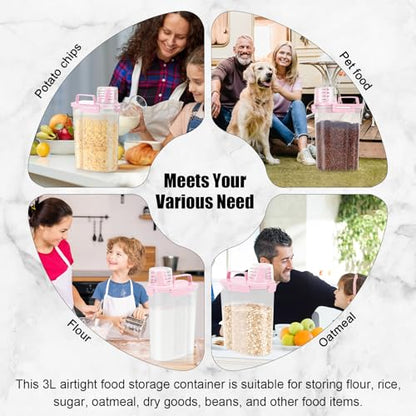 LEAWALK Airtight Rice Storage Container, Cereal Dry Food Flour and Sugar Bin, Dog Cat Food Dispenser with Measuring Cup, BPA Free Clear Plastic Kitchen (Pink x 2, 3L-2pack) - color: Pink x 2, size: 3L-2pack