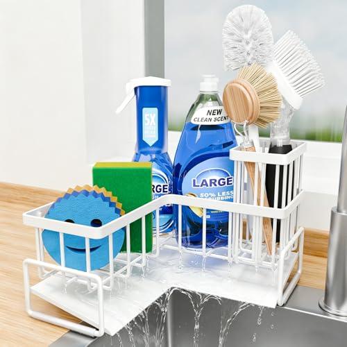 Fikoksol Large Sponge Holder for Kitchen Sink, 90-Degree Sink Caddy Organizer with Dish Brush Holder for Countertop Corner Storage Rack, White Metal L Kitchen Sink Sponge Soap Organizer Storage Ideas - color: White