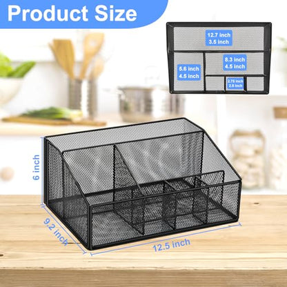 Paper Plate Holder for Countertop,Paper Plate Dispenser,Metal Silverware Caddy with 6 Compartments,Picnic and Camping Utensil Holder for Plates Cups Napkins Forks Knives Spoons-Black