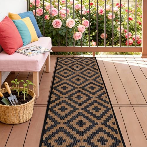 SAND MINE Reversible Mats, Plastic Straw Rug, Modern Area Rug, Large Floor Mat and Rug for Outdoors, RV, Patio, Backyard, Deck, Picnic, Beach, Trailer, Camping, Black & Brown, 2.5' x 8' - color: Black & Brown, size: 2.5'x 8'