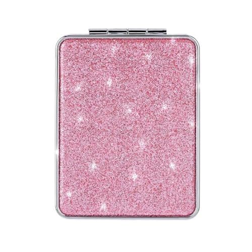 Pink Compact Mirror for Women,Small Magnifying Travel Mirror with Glitter,Portable 2 x 1x Magnification Folding Pocket Makeup Mirror Cosmetic Mirror for Gift Travel Essentials - color: Pink-square