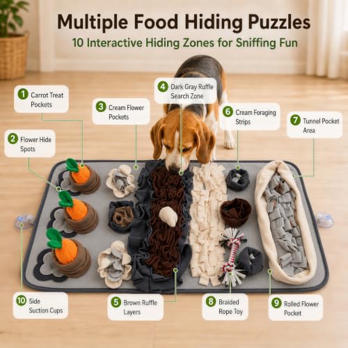 Snuffle Mat for Dogs – Extra Large 32'' x 20'', Washable Slow Feeder Dog Toy, Durable Interactive Dog Puzzle for Mental Stimulation & Nosework Training, with Anti-Slip Suction Cups - color: Gray-Black