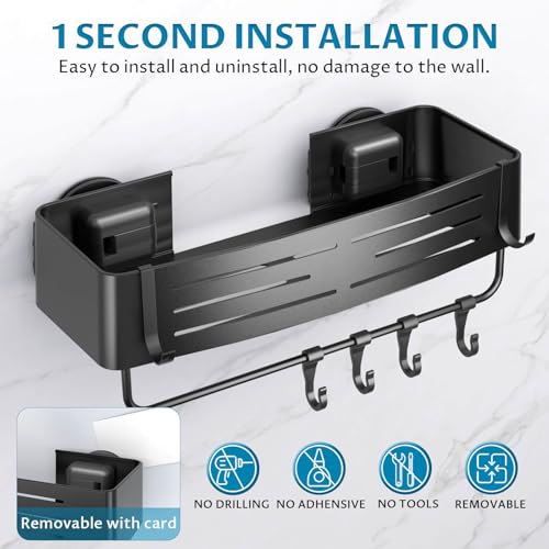 Onemake Shower Caddy Suction Cup,2-Pack Shower Shelf Organizer, Bathroom Suction Shelves with Portable Hooks, Shower Caddies Corner with Towel Bar,Matte Black - style: 2 Tier-Black Square Caddies