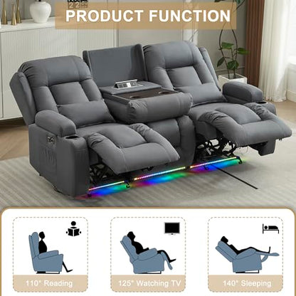 URRED Power Loveseat Recliner Sofa with Massage and Heat, Wall Hugger Reclining Loveseat with Console, RV Couch Home Theater Seating with LED Lights for Living Room (Blue Grey, 76.8" - 3 Seats) - color: Blue Grey, size: 76.8" - 3 Seats