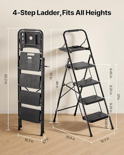 VEVOR 4 Step Ladder, Folding Step Stool with Wide Anti-Slip Pedal, Tool Tray, Comfort Handgrip, 600 lbs Capacity Portable Steel Ladder, Multi-Use for Kitchen, Home, Household and Office, Black - size: 18.3 x 35.8 x 57 in(Expanded)
