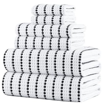 POLYTE 430 GSM Microfiber Quick Dry Lint Free Oversize Bath Towel Set, 6 Piece (Waffle Weave) - color: White/Black