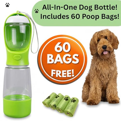 3-in-1 Dog & Cat Water Bottle with Food Container & Poop Bag Holder – Includes 60 Extra Waste Bags – 13.5oz Leak-Proof, BPA-Free Portable Pet Travel Dispenser, Green