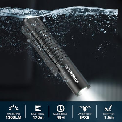 VTIGER T1A Mini Pocket EDC Flashlight with Clip,1300 Lumen Compact AA Rechargeable LED Little Flashlights, Super Bright Tail Switch Small Flash Light with Magnet for Camping,Hiking,Outdoor,Emergency - color: Black