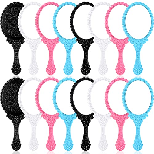 Yalikop 16 Pcs Vintage Handheld Mirror with Handle Small Cute 3.11" x 7.09"Embossed Princess Handheld Mirror for Women Gifts Princess Party Favors Travel Makeup Supplies(Black, White, Blue, Pink) - color: Black, White, Blue, Pink