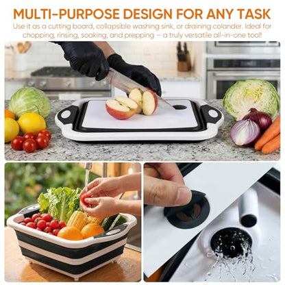 Collapsible BBQ Prep Tub with Lid, Foldable Camping Sink with Colander, Cutting Board, Dish Basin for Kitchen, Bowl, Vegetable and Fruit, Storage Basket for Picnic-Black - color: Black