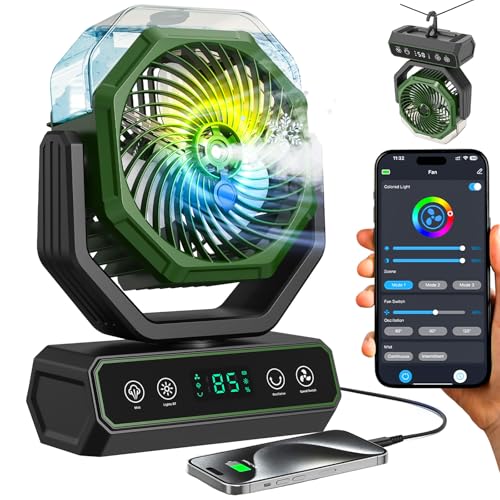 V JULES.V Portable Fan for Bedroom,40000mAh Rechargeable Desk Fan with Smart APP Remote Control,Misting Fan with RGB Lights,Timer,5 Speed Camping Fan for Travel,Tents,Beach,Office,Outdoor-Army Green - color: Green