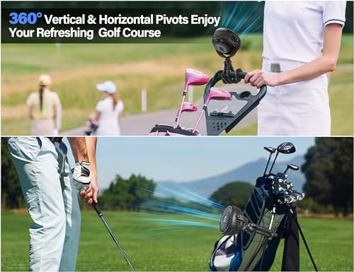 Rechargeable Golf Cart Fan Compatible with EZGO Club Car Yamaha Clip on Fan with Flexible Tripod, 360° Rotatable, 20Hrs Work, 3 Speed Battery Operated for Golf Cart Golf Palyer Summer Essential